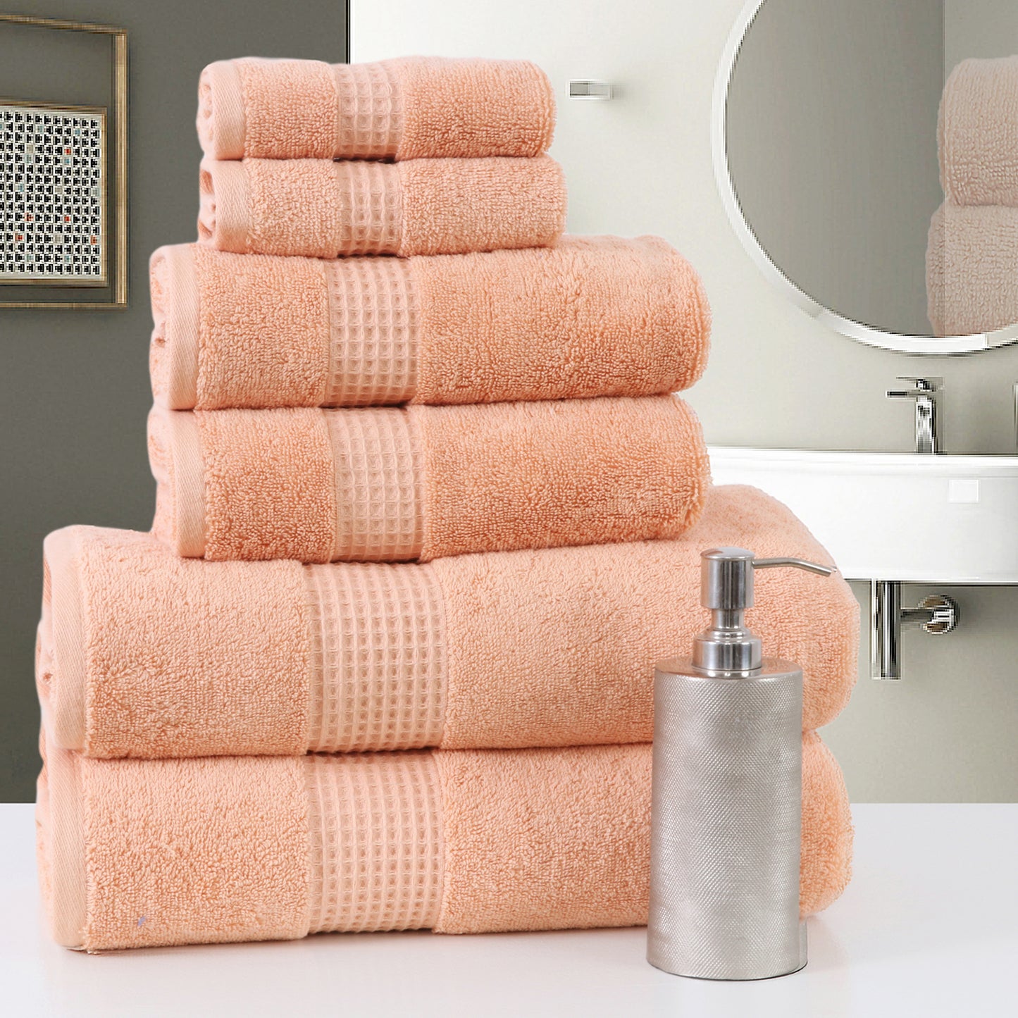 Combo Deal-Terry Towel 6 pc set and Honeycomb Bath rug 17x24/21x34 - TreeWool Bundle Deal#color_peach