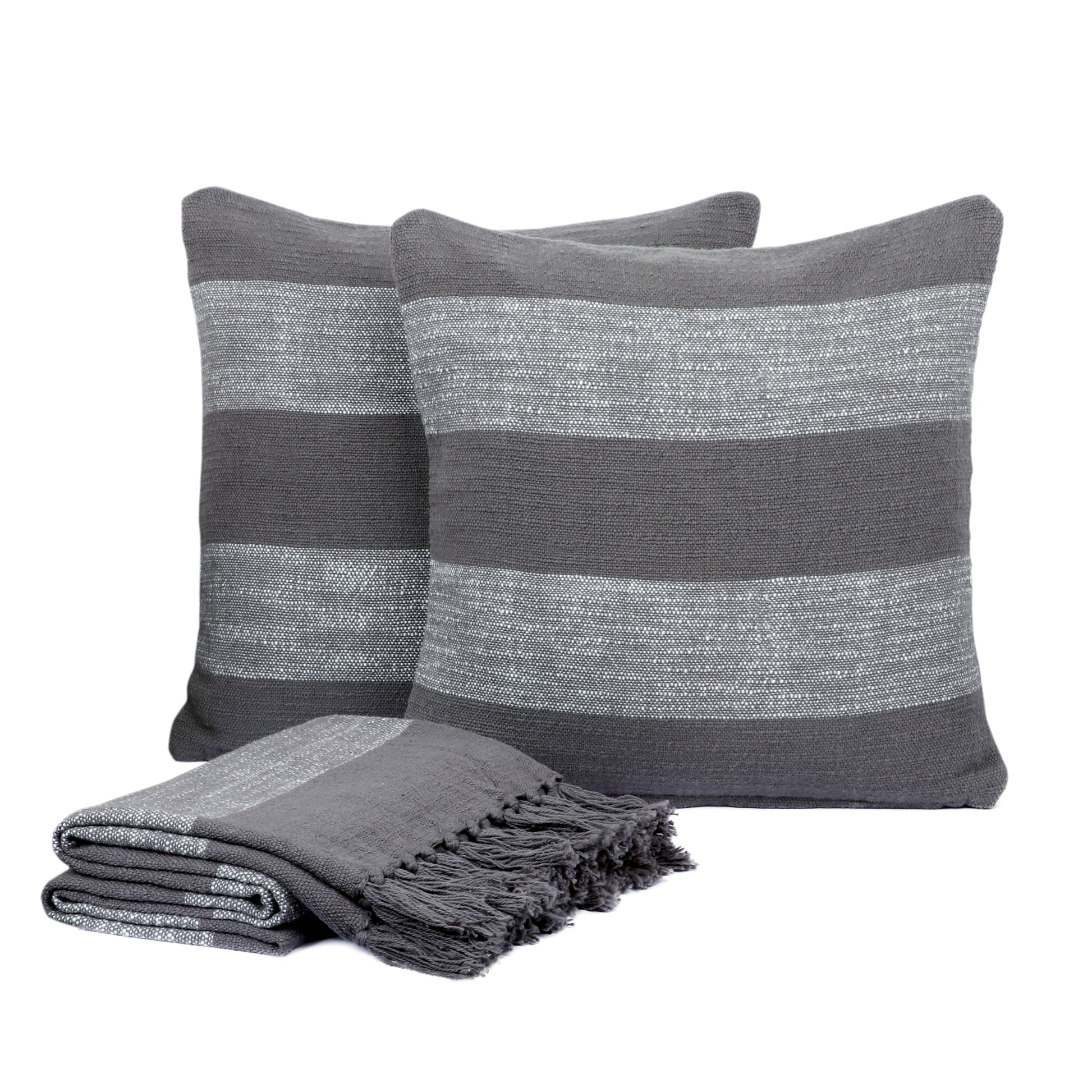 Combo Deal - Stripe design - Cotton throw blanket and pillow cases - TreeWool Bundle Deal#color_charcoal