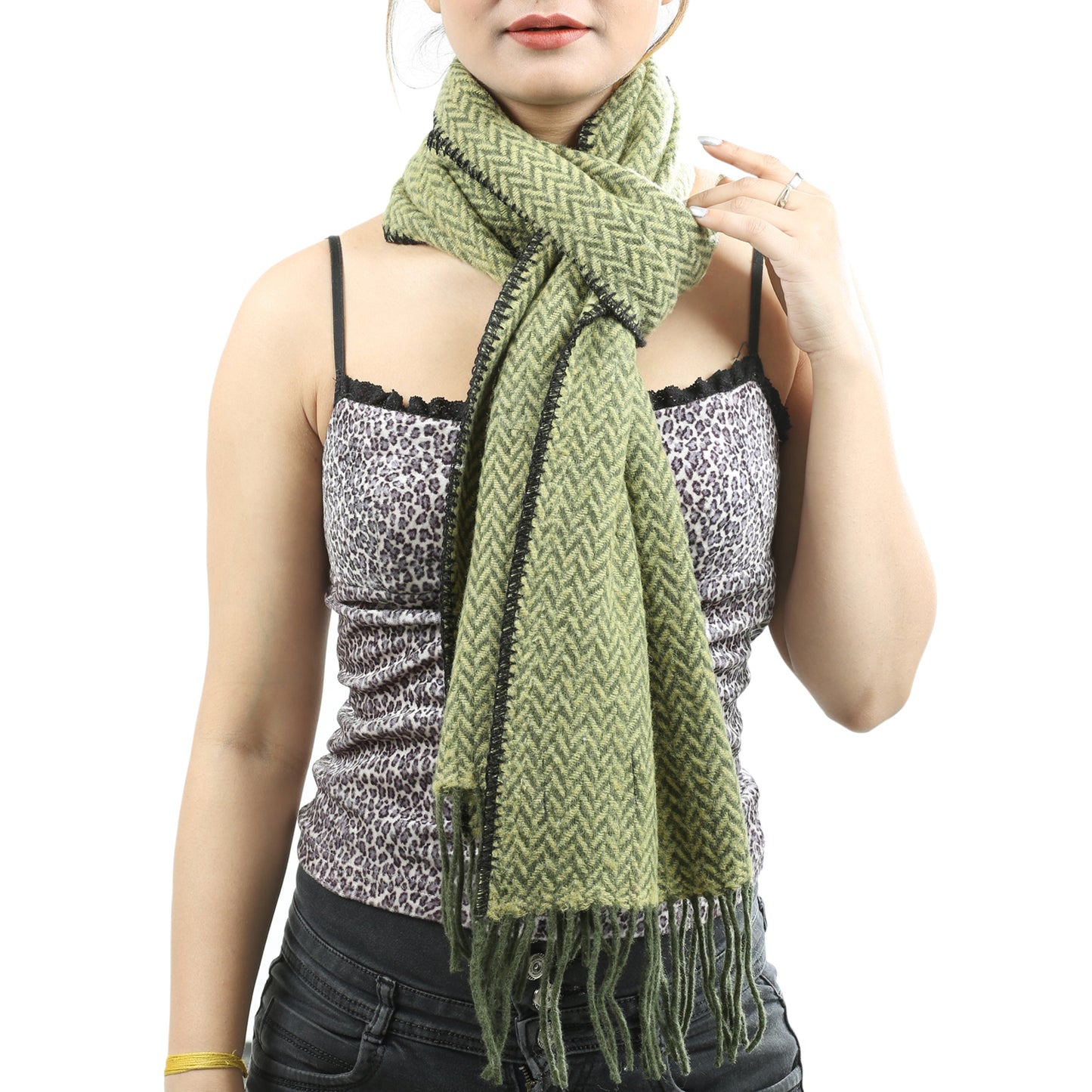 Merino Wool Scarf in Fine Chevron - TreeWool Scarf#color_olive-green-ivory